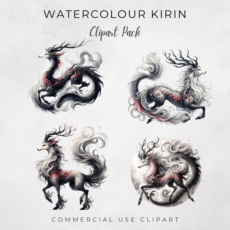 Kirin Watercolour Clipart, PNG Bundle, Watercolour Mythical Creatures ...