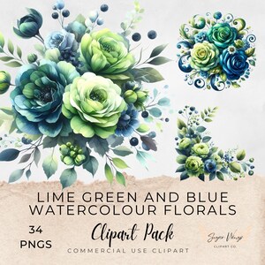 May include: Watercolor floral clipart pack featuring lime green and blue flowers. The image includes several arrangements, including bouquets and corner designs. The text on the image reads "Lime Green and Blue Watercolour Florals" and "Clipart Pack".