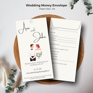 May include: A white wedding money envelope with the text "Ann and John" in elegant script. The envelope features an illustration of a bride and groom and the text "Thank you for celebrating our wedding with us!" and "11-15-24". Paper size is A4.