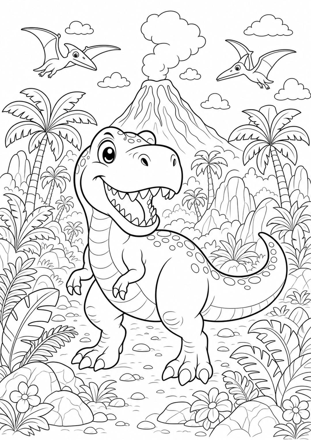 T Rex Dinosaur Coloring Page, Printable A4 PDF, Volcano Jungle Kids ...