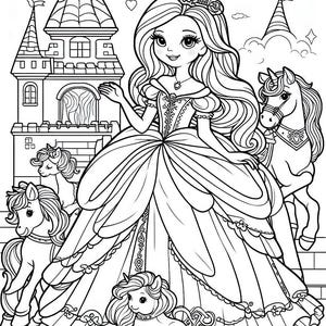 Könnte beinhalten: Schwarz-Weiß-Illustration einer Prinzessin in einem Ballkleid, Diadem und Halskette, die in der Nähe eines Schlosses steht. Mehrere Einhörner und ein Pferd sind ebenfalls im Bild vorhanden. Das Bild ist eine Malvorlage.