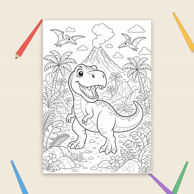 T Rex Dinosaur Coloring Page, Printable A4 PDF, Volcano Jungle Kids ...
