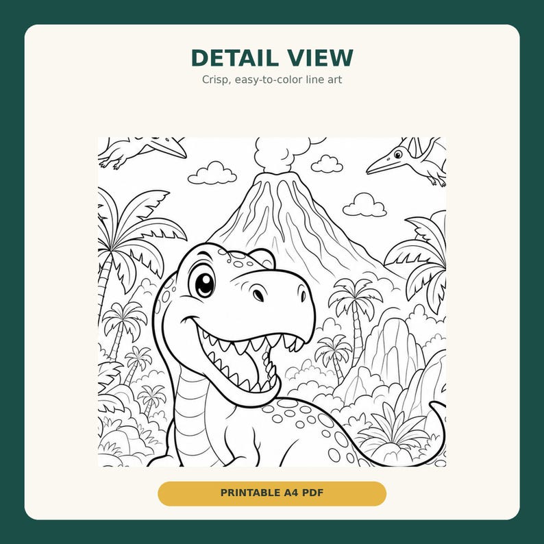T Rex Dinosaur Coloring Page, Printable A4 PDF, Volcano Jungle Kids ...