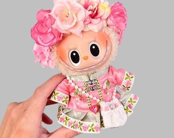 Handmade Labubu Costume Created By Fairy, Maid, Cute Pajama Set,Bow Headgear With Cherry Blossom Print, Lace Hem. 6.7-inch Doll Clothes.