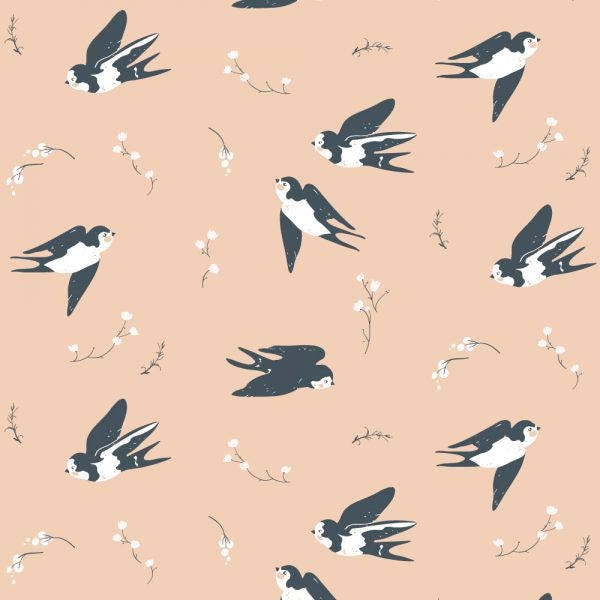 Organic DOUBLE GAUZE Fabric - Birch Little - Happy Swallow Double Gauze