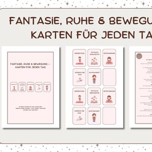 Könnte beinhalten: Kartenset mit dem Text "FANTASIE, RUHE & BEWEGUNG - KARTEN FÜR JEDEN TAG" in brauner Schrift. Die Karten zeigen Illustrationen und Text auf Deutsch, mit hellrosa Hintergrund. Das Set enthält Karten für Yoga, Geschichten und Entspannung.