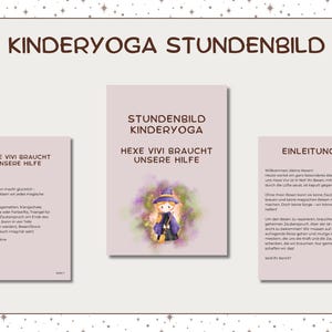Pode incluir: Um plano de aula imprimível para uma aula de yoga para crianças. O plano de aula é intitulado "Hexe Vivi Braucht Unsere Hilfe" e apresenta uma ilustração de desenho animado de uma bruxa. O plano de aula é projetado para crianças de 4 a 6 anos.