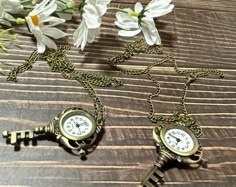 Bronze Key Pendant Watch - Skeleton Key with Clock Pendant: A Gift for Men