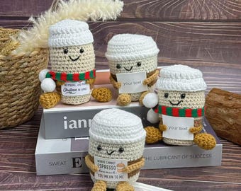 Crochet Coffee Cup Plush, Espresso Lover Gift, Positive Decor customed coffee cup with christmas scarf
