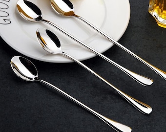 Stainless Steel Long-Handled Coffee Spoon | Engraved Bubble Tea Spoon | Honey Spoon | Juice Stirring Spoon | Dessert and Ice Cream Spoon