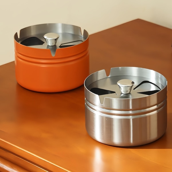 Customizable Stainless Steel Ashtray with Lid, Enclosed Home Bar Windproof Ashtray