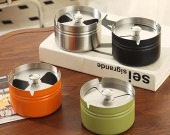 Stainless steel ashtray with lid, customizable ashtray, fully enclosed home bar ashtray—shatterproof and windproof