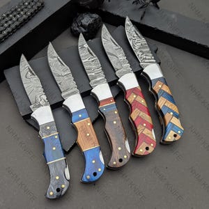 Set of 5  Handmade Damascus Pocket Knife Blue Handle Thanksgiving Gift for Him Folding Knife Groomsmen 10 Anniversary Gift for Boyfriend