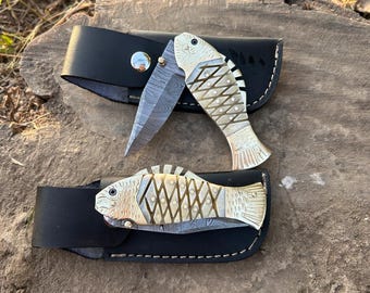 Handmade Fish Pocket Knife Damascus Engraved Folding Knife Bone Handle Groomsmen Gift Anniversary gift for husband Christmas Gift for Him