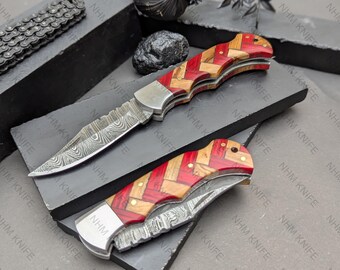 Custom Handmade Damascus Pocket Knife Folding Knife Groomsmen Gift Anniversary Wedding Personalized Gift for Men Graduation gifts for him