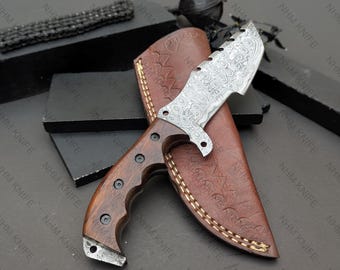 Handmade Damascus Steel Tracker Hunting Knife Wood Handle Camping Knife Groomsmen Gift Wedding Gift For Men Gift For Husband&Dad Birthday
