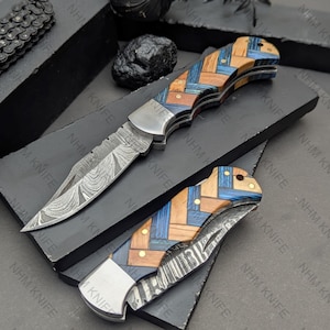 Personalized Handmade Damascus Pocket Knife Blue Handle Thanksgiving Gift for Him Folding Knife Groomsmen 10 Anniversary Gift for Boyfriend