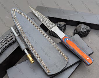 Handmade Double Edge Damascus Steel Knife – Full Tang, Hand-Forged with Resin Sheet Handle, Vintage Appeal, Made in the USA – Perfect Gift