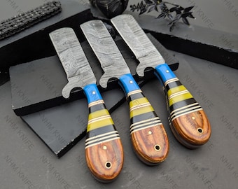 Set of 3 Handmade Damascus Cowboy Bull Cutter Knife EDC Butcher Hunting knife Gift For Dad & Son Gift For Men Anniversary Gift for Him
