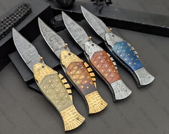 Handmade Fish Pocket Knife Damascus Engraved Folding Knife Bone Handle Groomsmen Gift Anniversary gift for husband Christmas Gift for Him
