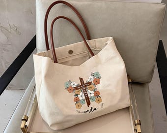 Personalized Faith Flower Christian Tote Bag, Custom Christian Gifts For Women, Religious Faith Spiritual Inspirational Tote Bag Gift