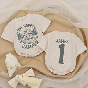 Camping Theme 1st Birthday Outfit for Boy, Personalized Happy Camper Romper, Custom Woodland Party Clothes, Adventure Party Theme Clothes