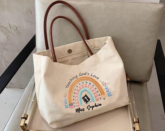 Personalized Sunday School Teacher Tote Bag, Teaching God Loves Bag, Christian Tote Bags, Christian Faith Tote, Religious Gift Bags