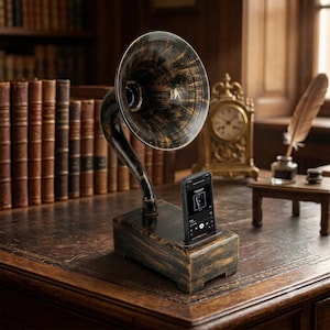 May include: A black and gold smartphone speaker dock designed to resemble a vintage gramophone. The device features a rectangular wooden base with a curved horn attachment and a slot for a smartphone, displaying a digital music interface on screen.