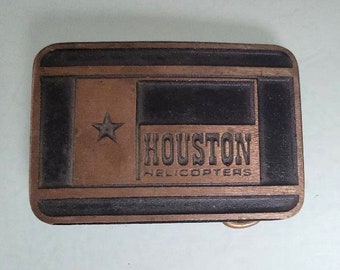 Vintage advertising brass belt buckle Houston Helicopters