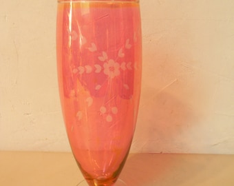 Vintage etched floral Pink glass vase