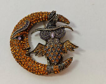 Vintage Heidi Daus Harvest moon and owl crystal pin