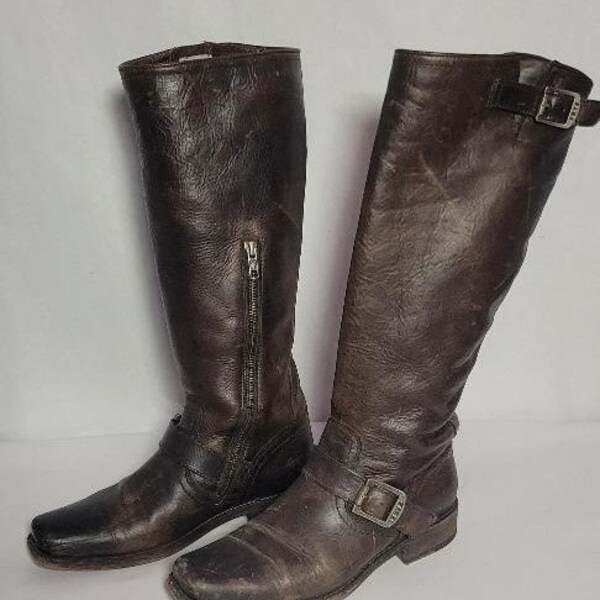 Pair of gently used distressed woman's leather Frye boots brown