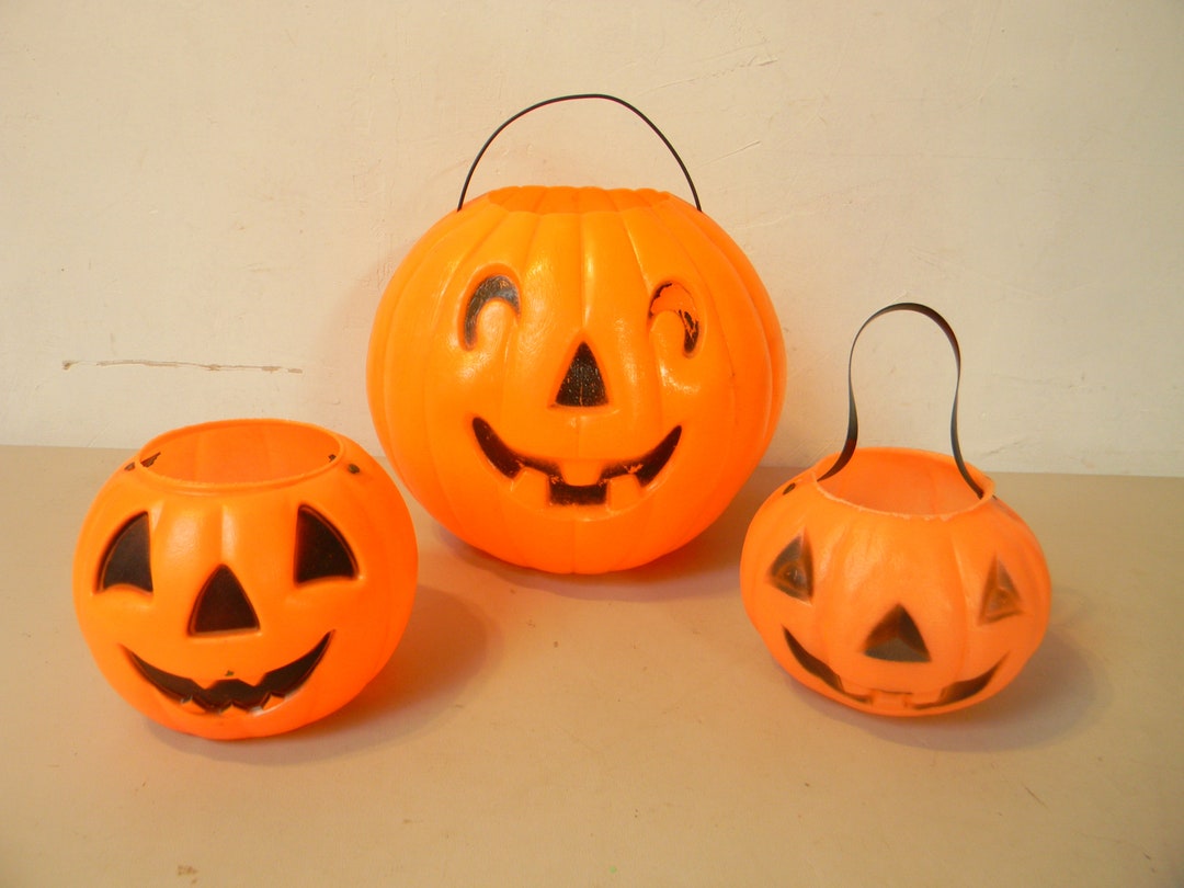 Three Vintage Plastic Halloween Pumpkins Etsy
