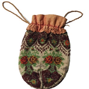 Antique beaded drawstring purse with silk lining