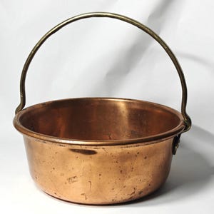 Large vintage copper berry pot with brass handle