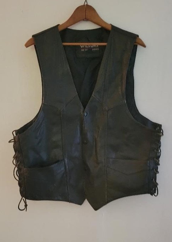 Wilson leather vintage black biker leather vest XL