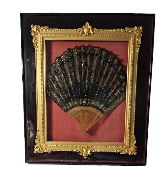 Antique black lace sequined folding fan framed with velvet