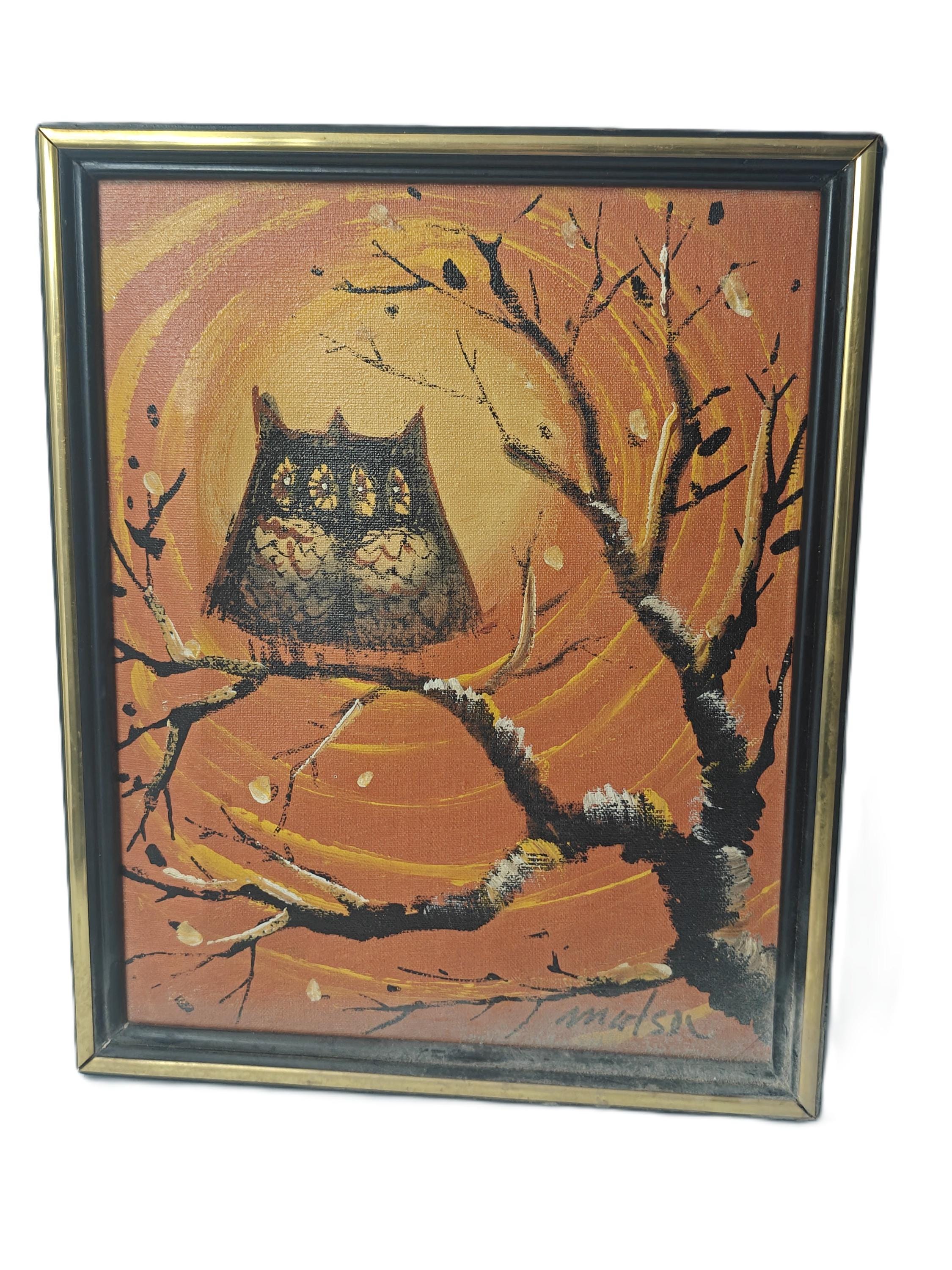 Vintage MCM 1960s framed painting two owls by Matson