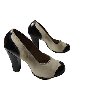 Pair 1940&#39;s woman&#39;s blue and white leather and suede high heel shoes