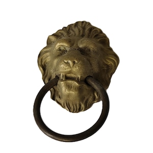 May include: A bronze-colored lion head door knocker with a dark ring handle. The lion's face is detailed with a textured mane and open mouth, and the ring is attached to the mouth.