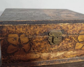 Vintage wooden Pyrography Flemish art box with cherries need of TLC