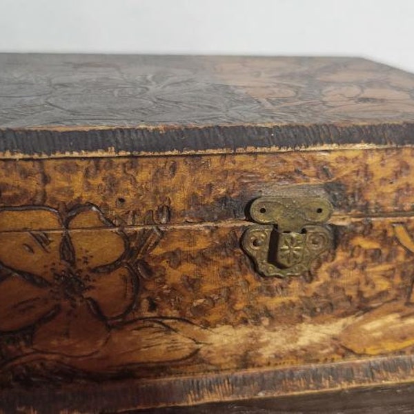 Vintage wooden Pyrography Flemish art box with cherries need of TLC