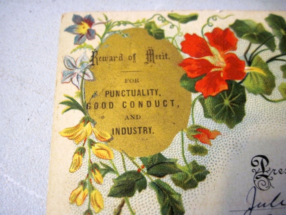Antique Victorian Edwardian Reward of Merit colored floral certificate