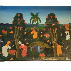 May include: A painting depicting a group of people harvesting fruit from trees. The painting is done in a naive style with bright colors and simple shapes. The people are wearing colorful clothing and are surrounded by lush green foliage. The painting is signed "DANON" in the lower right corner.