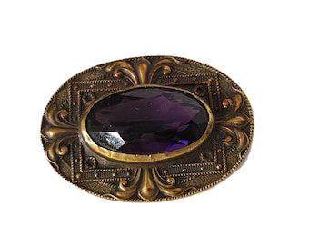 Antique brass and amethyst edwardian brooch pin
