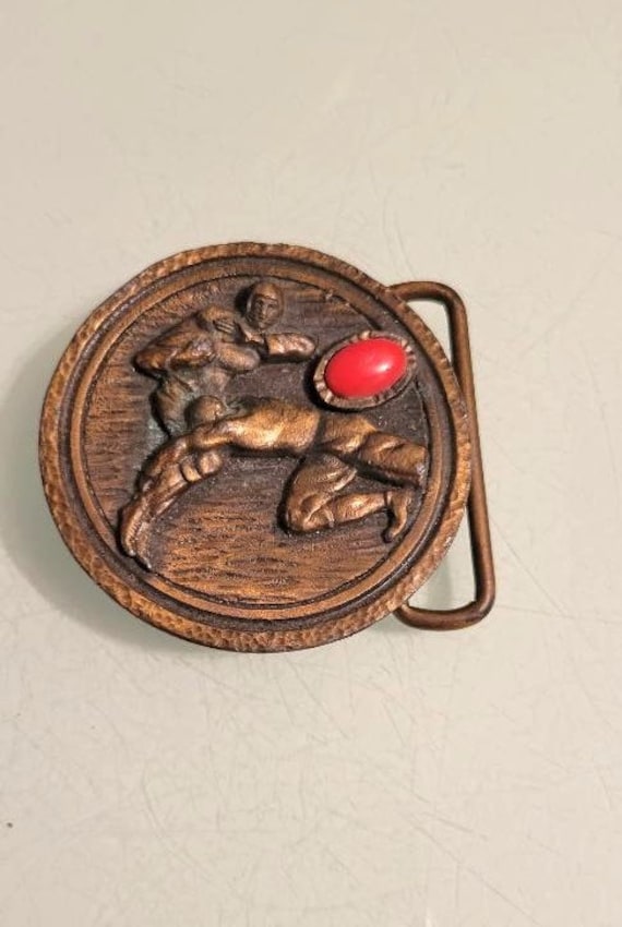 Vintage Football heavy brass belt buckle with red… - image 1