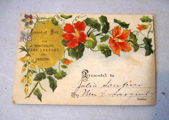 Antique Victorian Edwardian Reward of Merit colored floral certificate