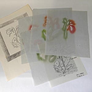 May include: A collection of botanical art pieces. Includes a framed black and white sketch, several translucent sheets with colorful floral stencils in red and green, and a detailed botanical drawing with handwritten notes. The art pieces are on a white background.