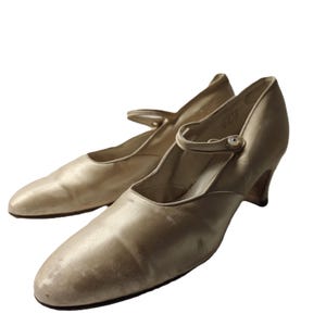 Pair of ladies Edwardian silk wedding shoes with mother pearl buttons