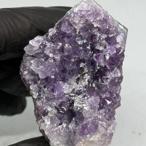 Può includere: Un cluster di cristalli di ametista grezza, che mostra una gradazione di tonalità viola. La struttura cristallina è visibile, con numerosi piccoli cristalli appuntiti. Il colore varia dal viola intenso a un lavanda più chiaro, quasi traslucido.